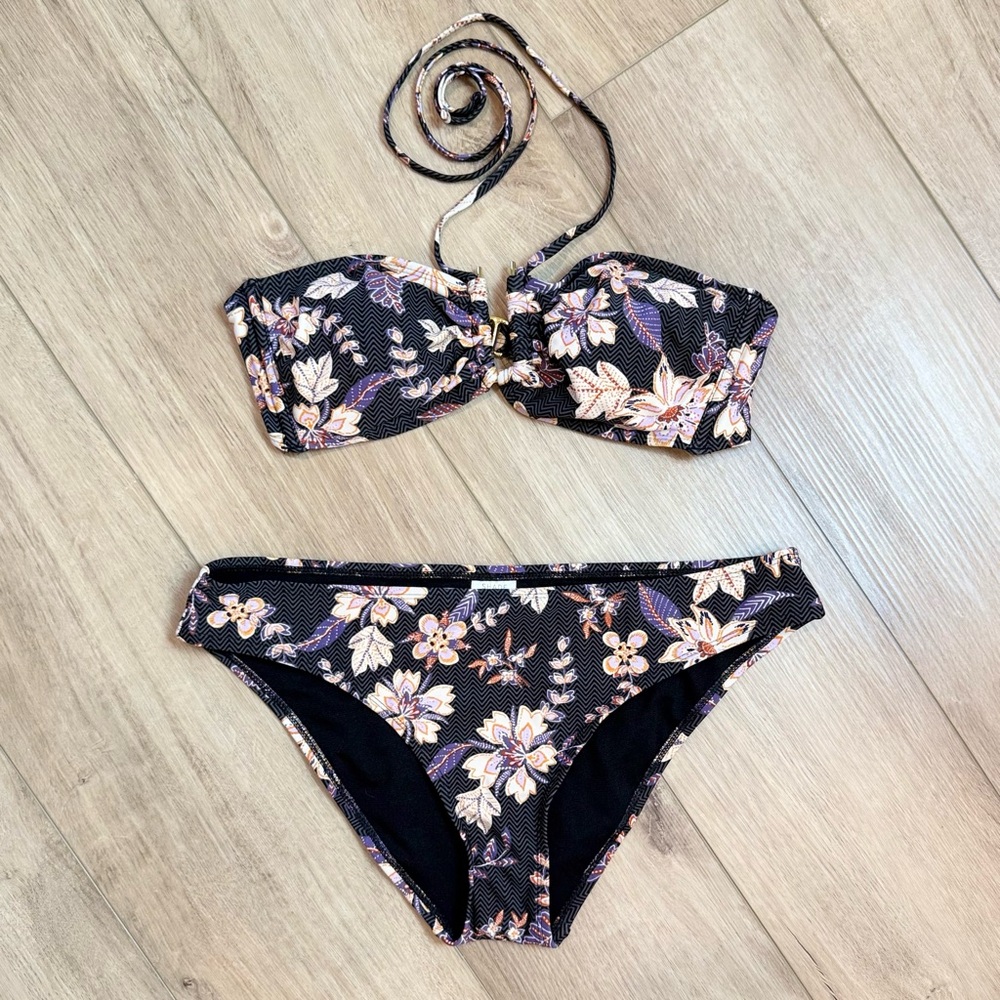Black Floral U-Wire Halter Bandeau Bikini by Shade & Shore Size Medium (8-10)